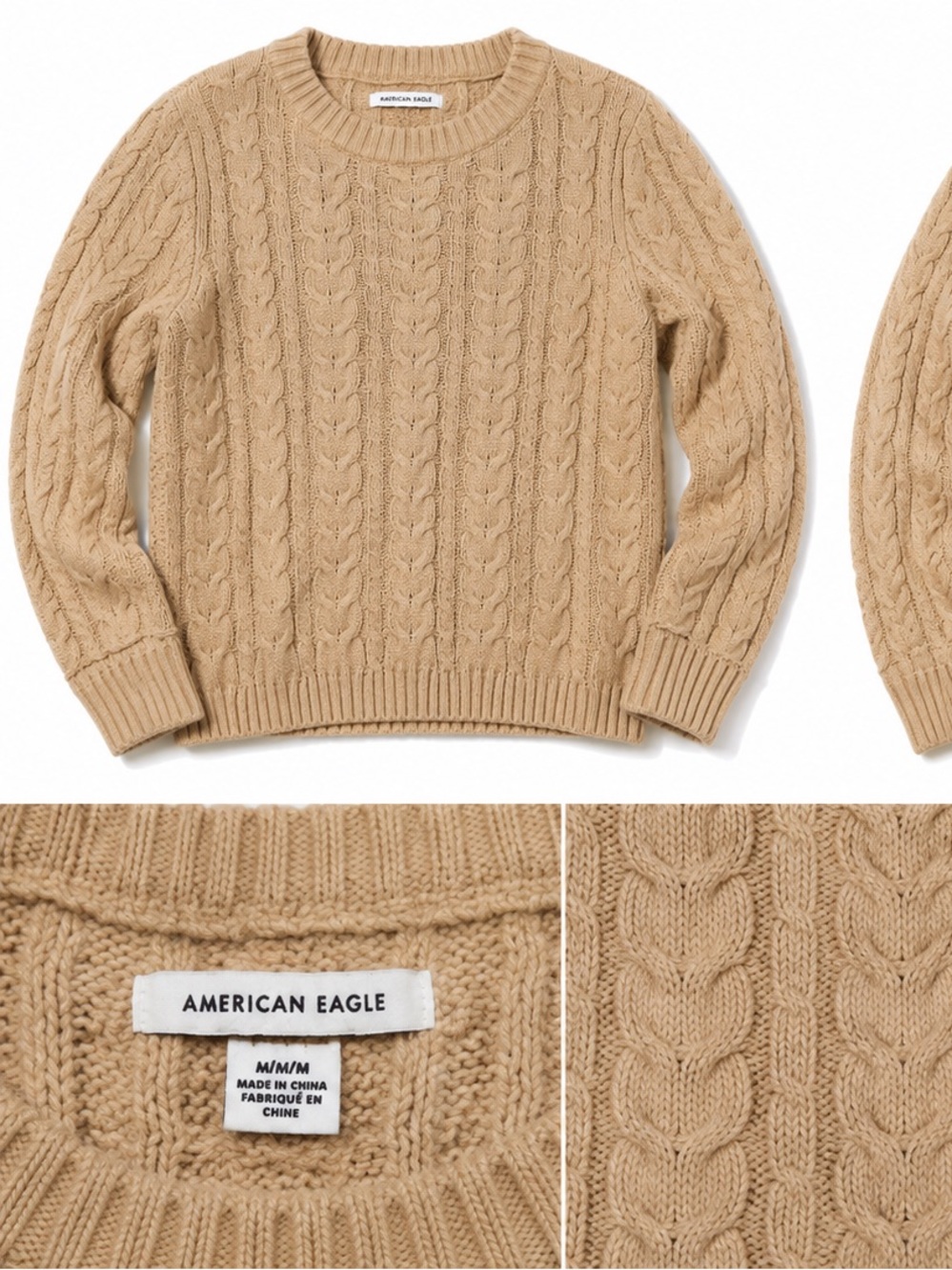 Women’s American Eagle Cable Knit Crewneck Sweater - Camel